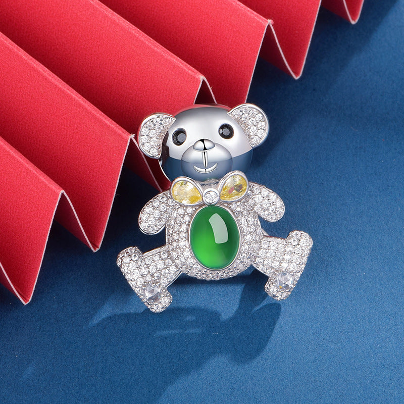 S925 Silver Pave Bear Brooch 8x6mm Oval Green Chalcedony 7g Platinum Plated Fashion Gift Box