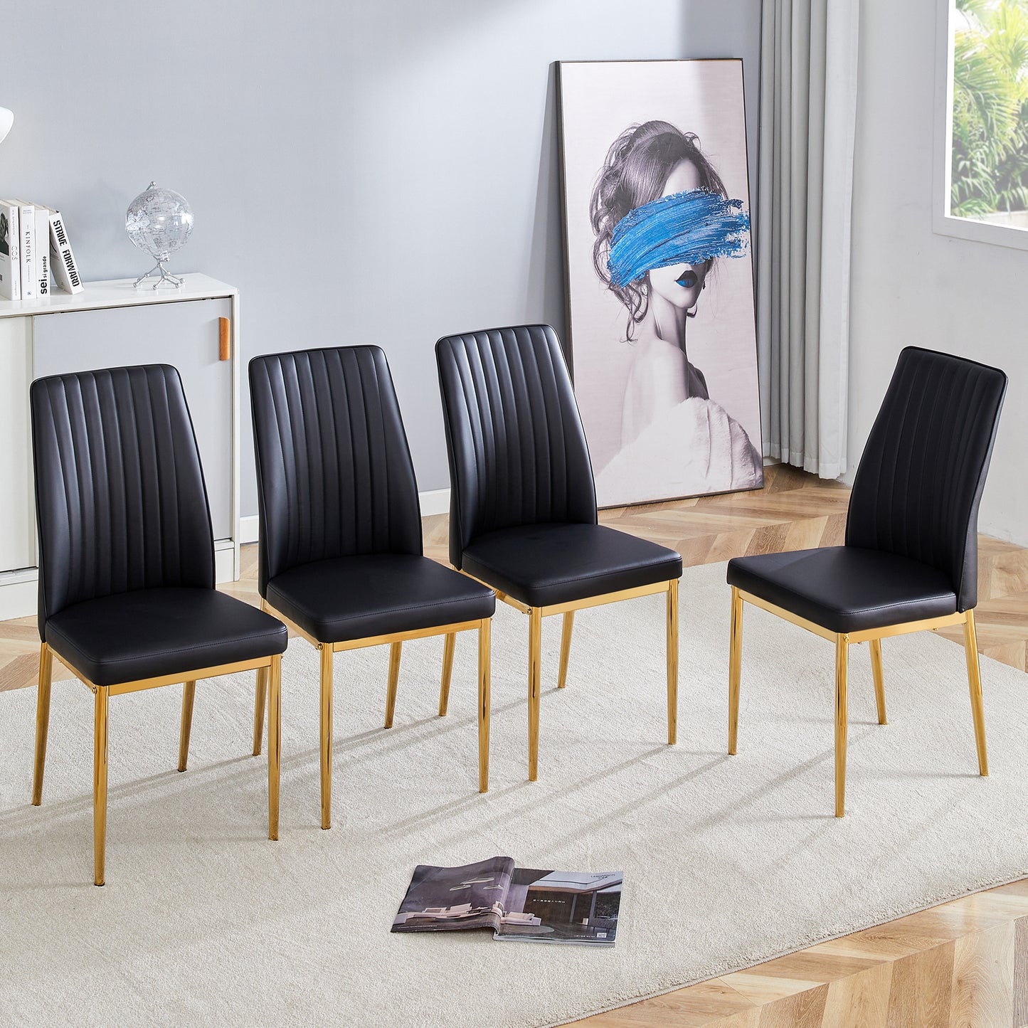 Fashion Black Dining Chair 4 Piece Set Golden Metal Legs, Black PU Leather To Create An Elegant Dining Area.