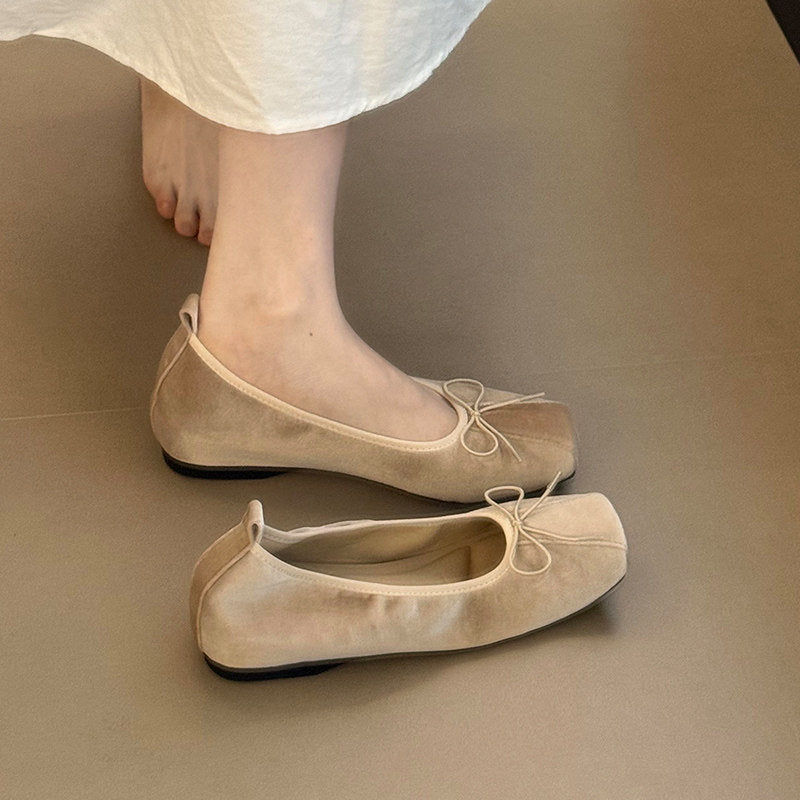 Women Square Toe Soft Leather Bow Decor Ballet Flats, Elegant Shallow Cut Slip-on Casual Shoes