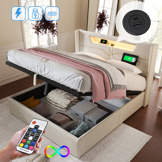 Upholstered Bed LED Double Bed With USB Type C Charging Function And LED Lighting,Storage Beds Bed Frame Made Of Linen Material Youth Bed 160x200 With Slatted Base  Without Mattress