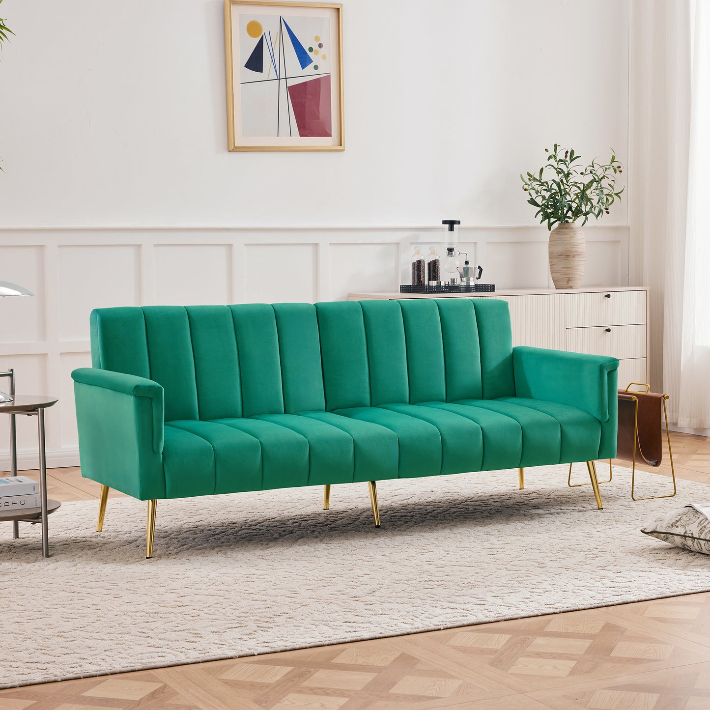 Modern Adjustable Velvet Sofa Bed With Multi Position Backrest & Armrests, Metal Legs, Convertible Sleeper Function, Ideal For Living Room, Bedroom, Home Theater & Guest Room, Green, Video Included