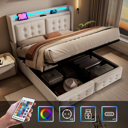 Upholstered Bed 160x200, Double Bed With LED Headboard And USB C Charging Function, Hydraulic Bed With Wooden Slatted Base And Metal Frame, Load Capacity 300 Kg, Beige, Cotton  Without Mattress