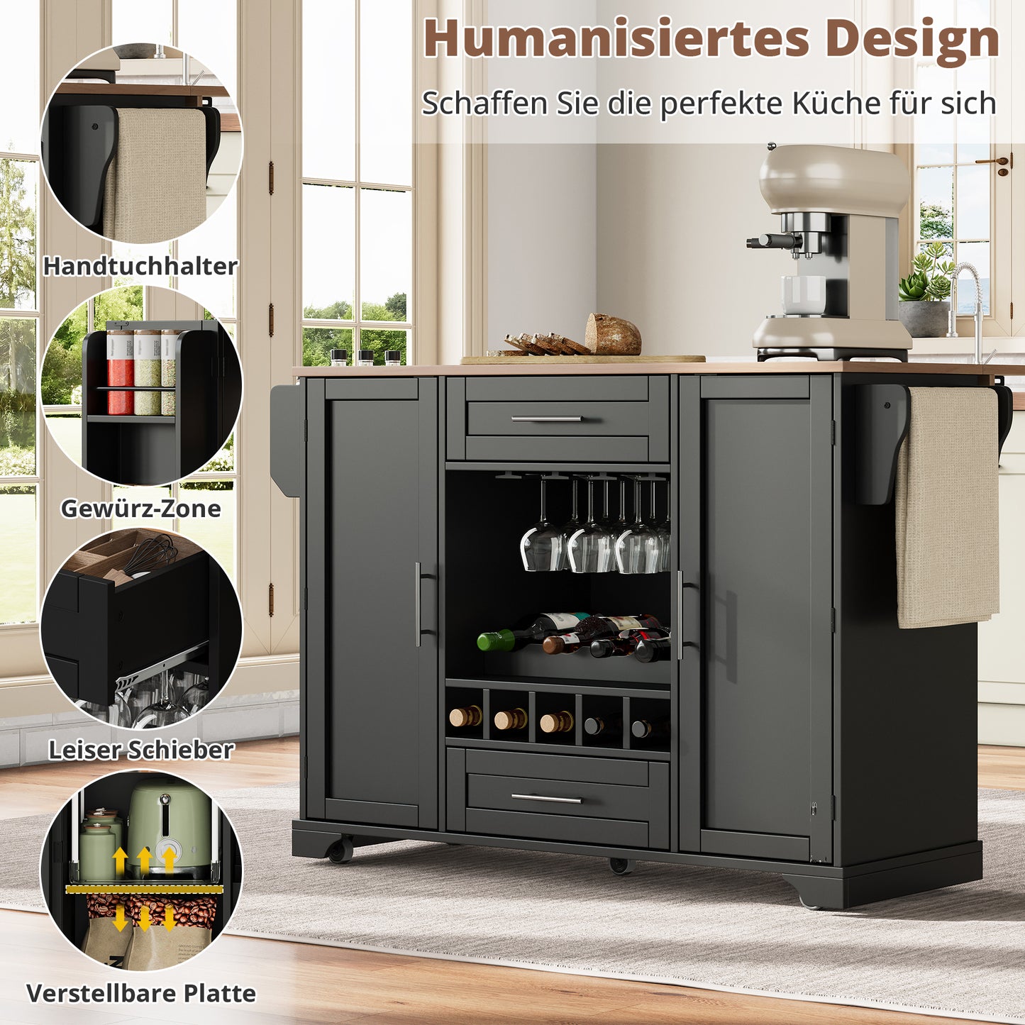 Kitchen Trolley With Folding Worktop, Kitchen Island On Wheels With Wine Rack, Glass Holder, Spice Rack & Towel Rack, 120x45-70x92cm, Black  Multifunctional Serving Trolley With Storage