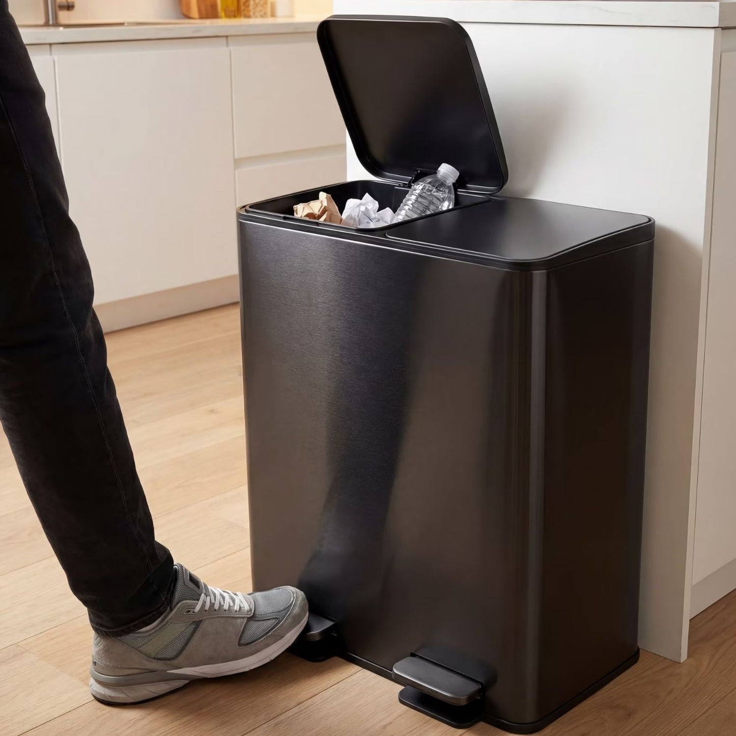Dual Bin Trash Can, Foot Pedal Kitchen Recycling Bin, Soft-Close Lid And Removable Inner Buckets, Fingerprint-Proof