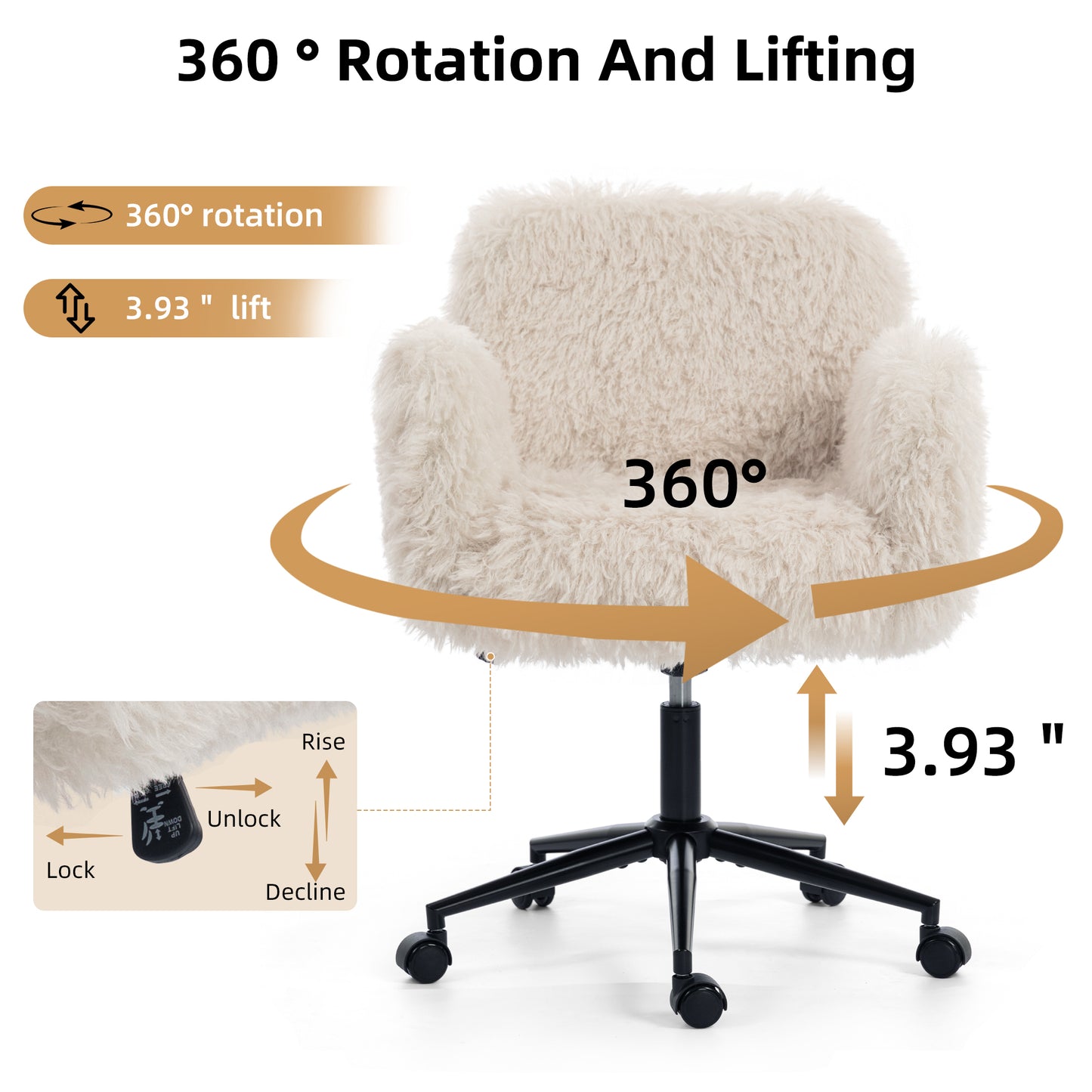 Criss Cross Chair With 5-Gear Adjustable Armrests & Wheels, Ergonomic Thickened Backrest Swivel Desk Chair For Home Office, Vanity, Bedroom And Living Room, Beige Lamb Wool