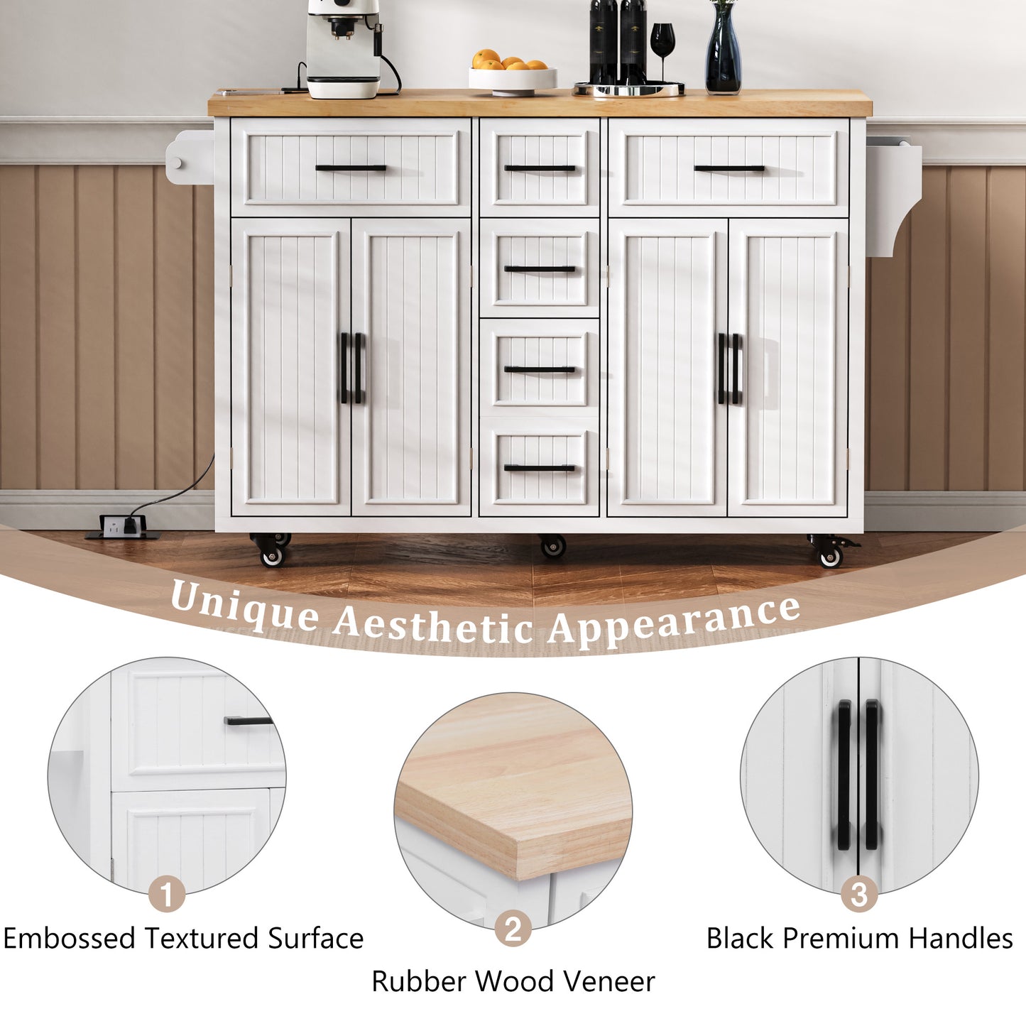 K&K 56.5  Kitchen Island With Drop Leaf, Power Outlet, Embossed Vertical Stripe Rolling Kitchen Cart On Wheels With 4 Doors , 5 Deep Drawers And Adjustable Shelves, For Kitchen, Dining Room, White