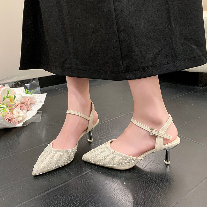 Women's French Pointed Toe Half Closed Toe Sandals, Rhinestone Medium Block Heel Slip On Pumps, Fairy Style Outdoor Shoes, New Spring & Summer Collection