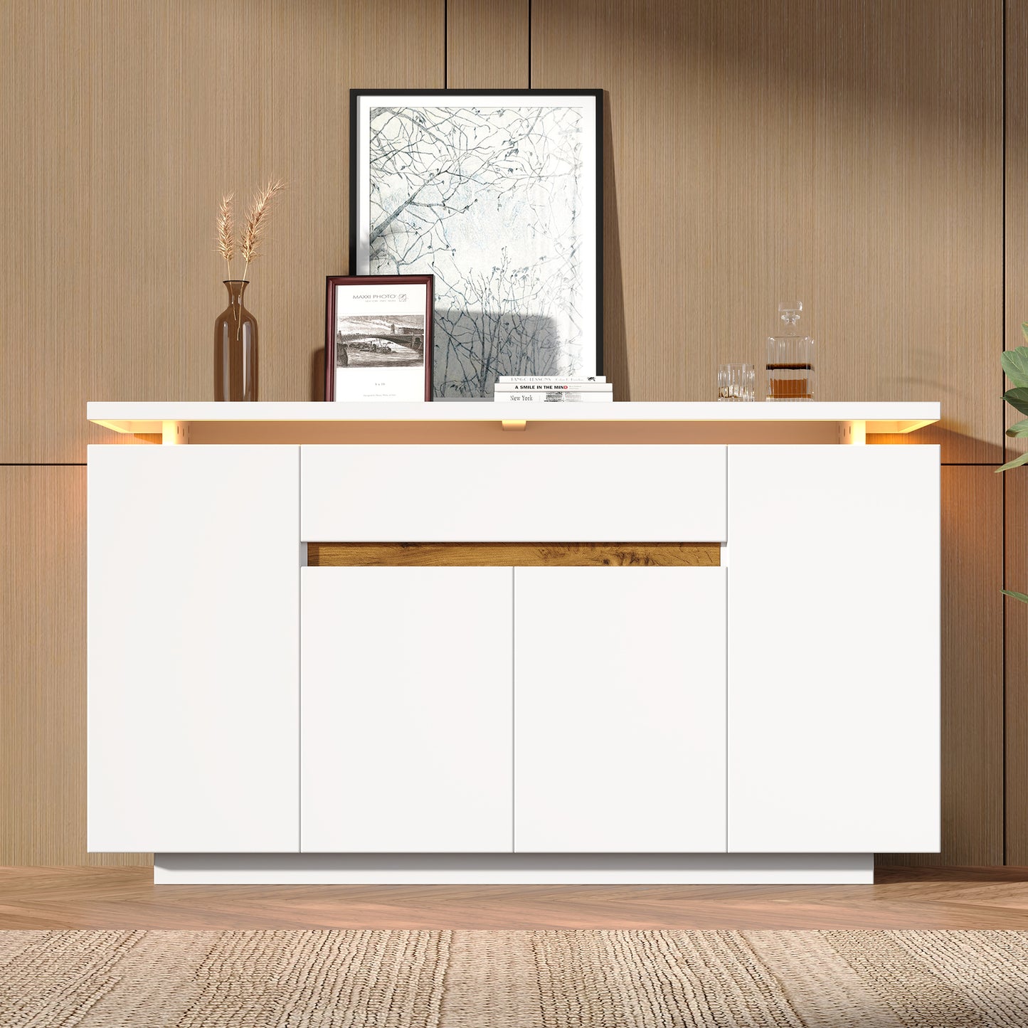 Modern LED Sideboard, 1 Drawer & 4 Doors Storage Cabinet, White  Natural, Perfect For Living Room, Hallway, Or Kitchen, Dimensions  140 X 40 X 80 Cm