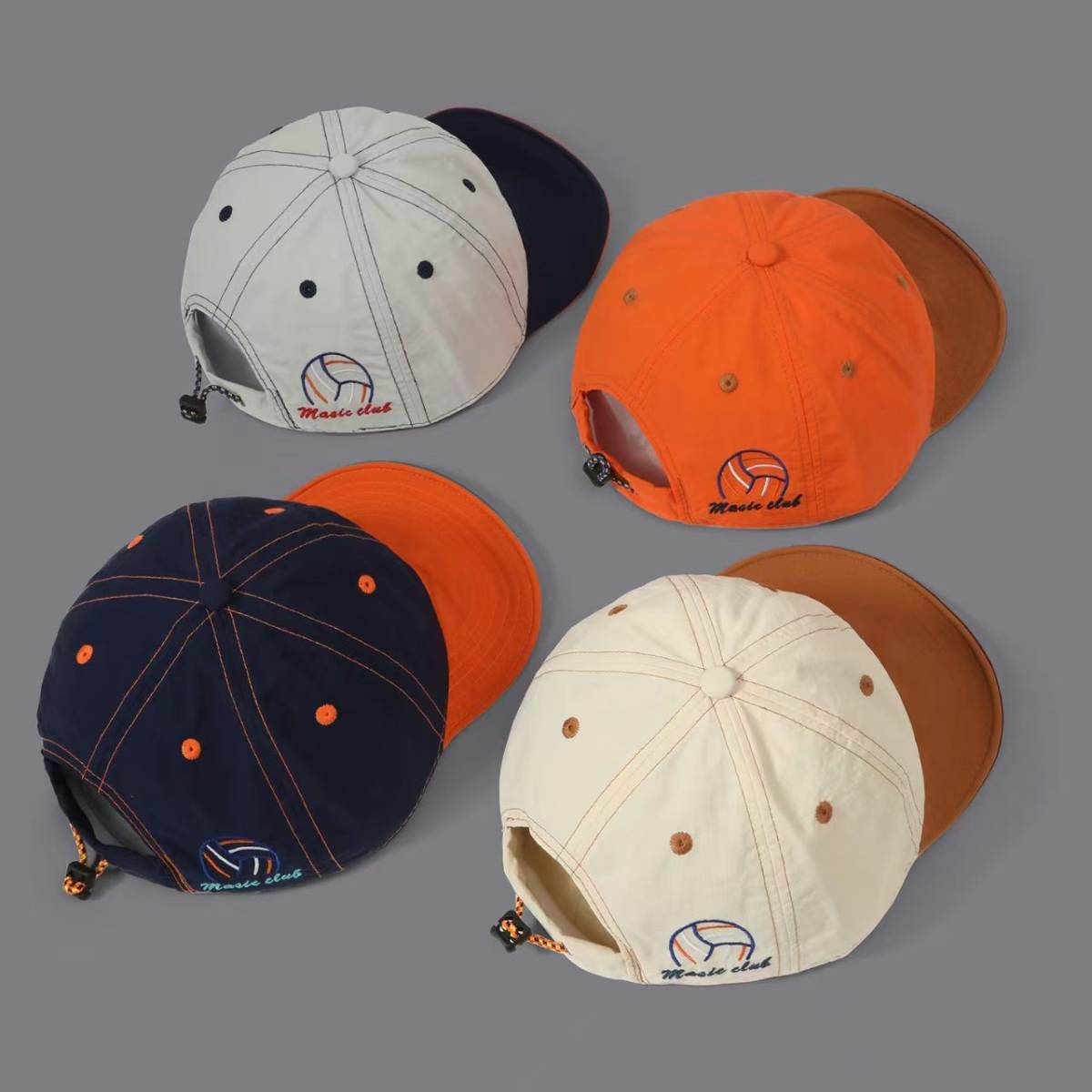 Overhanging Color-matching Quick-drying Five-piece Cap - Volleyball Letter Embroidery Mountain-style Outdoor Functional Drawstring Sunshade Workwear Cap