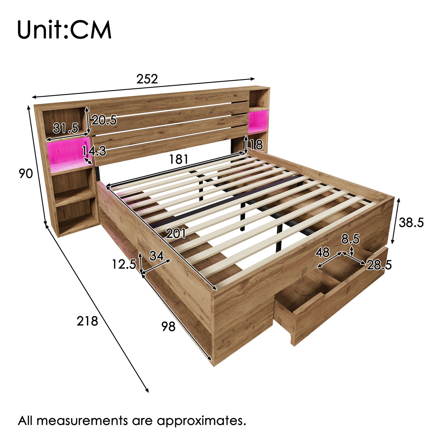 Double Bed Solid Wood Bed 180x200, Storage Bed Bed System With LED Lighting And USB C Storage Headboard And Drawers, Bed Frame Slatted Wood Frame, Oak  Without Mattress