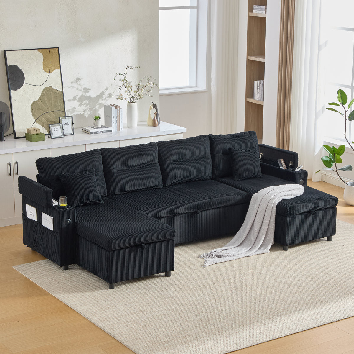 Contemporary 4-seater Corduroy Sofa With Dual Chaise Lounges, Hidden Storage, Built-in Cup Holders, USB Ports And Handy Pull-out Bed  The Perfect Centrepiece For Your Lounge. Black