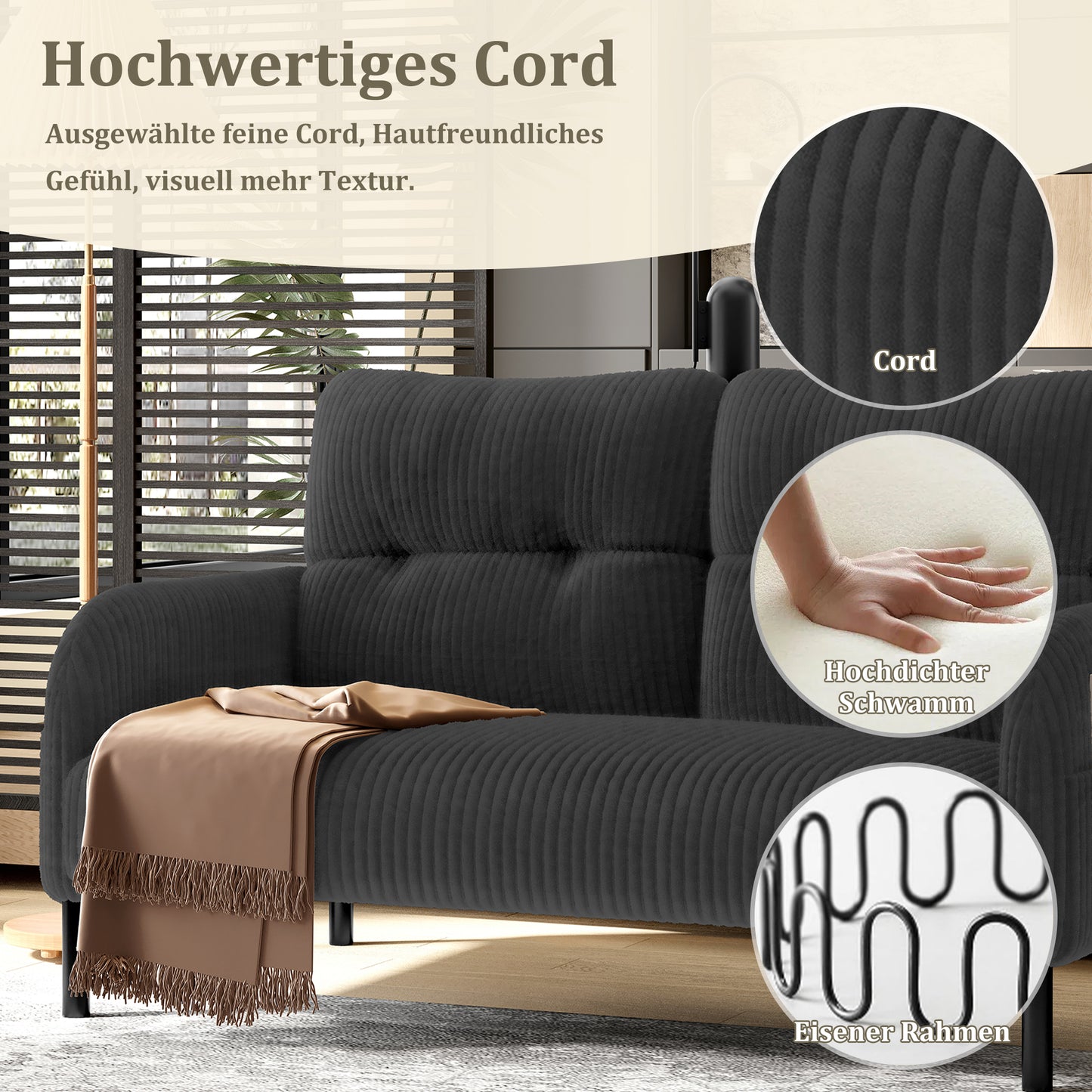 Corduroy Two-seater With Comfort Padding High Backrest & Side Pockets Metal Feet Integrated Side Pockets Inviting Softness With Optimal Support Perfect For Home Office Lounges