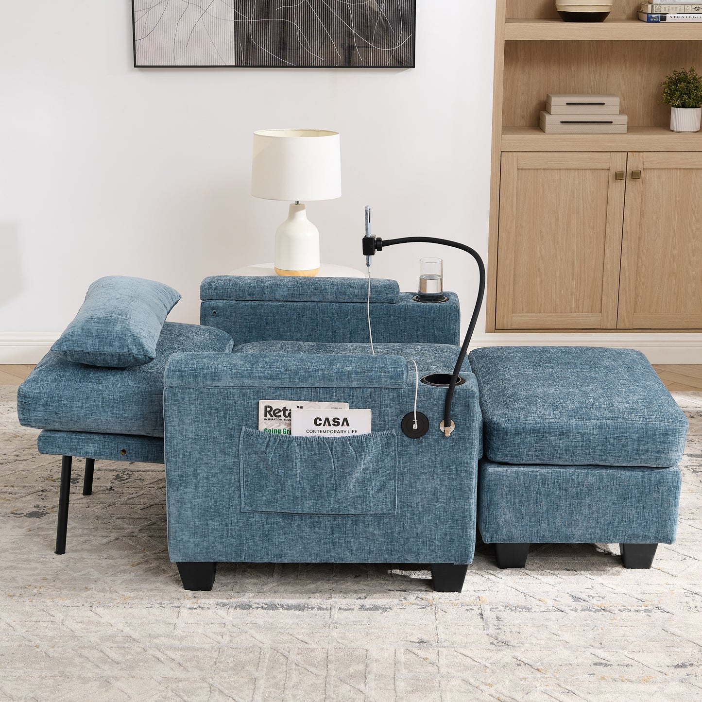 Single Sofa Recliner With Manually Adjustable Backrest, USB Charging Port On The Armrest Side, Phone Stand Included, Hidden Armrest Storage, And A Matching Storage Ottoman-Blue