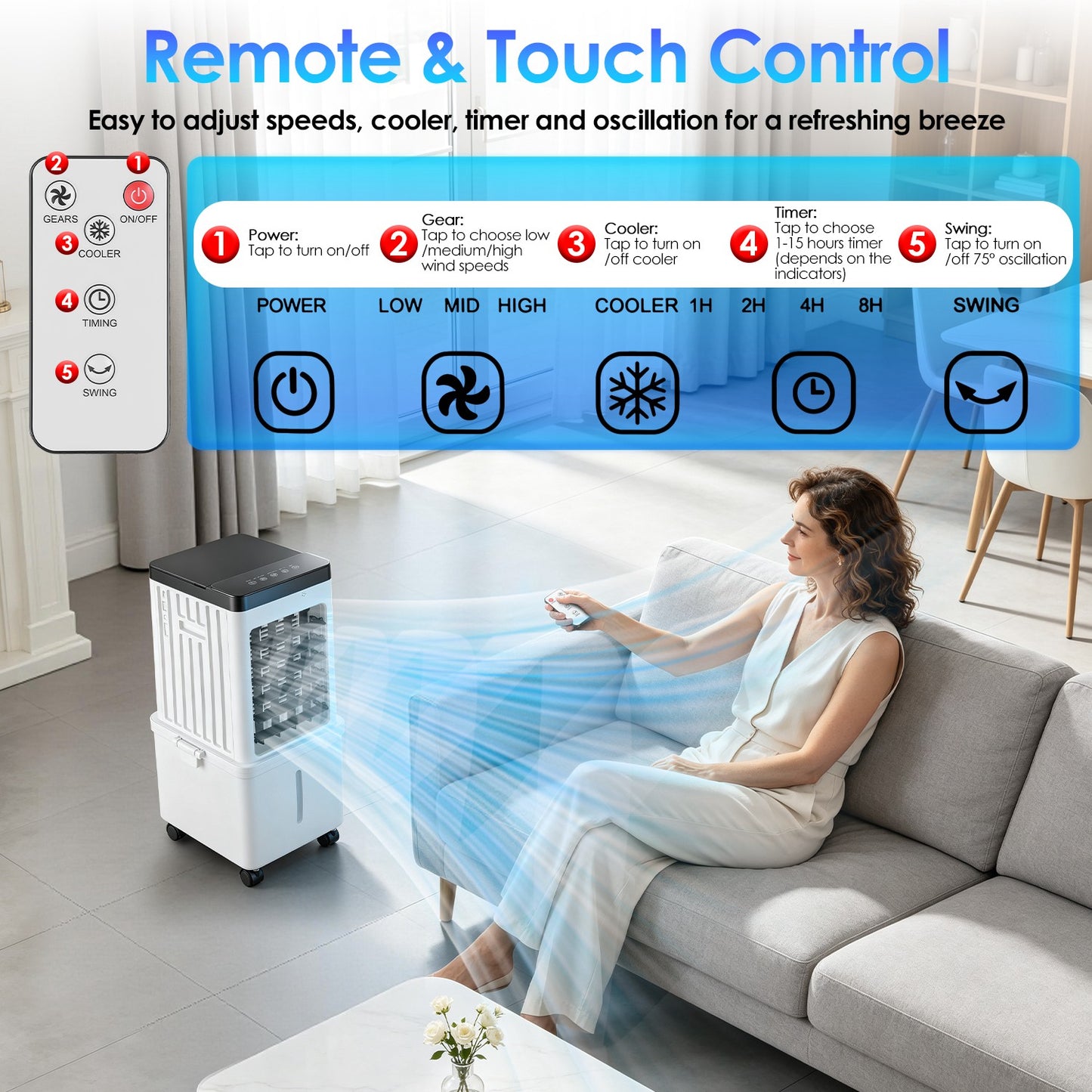 Portable Air Cooler Fan 12L Evaporative Air Conditioner With 3-Speed Dual Water Tank Touch & Remote Control 4 Wheels 4 Ice Packs Oscillation 15H Timer Visible Window For Bedroom Office Home
