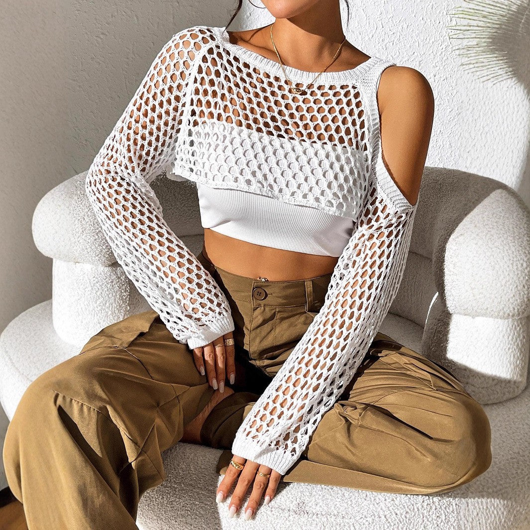 Women Sexy Cropped Crop Top, Hollow Knit Cover Up, European American Cross-border Fashion Casual Outerwear