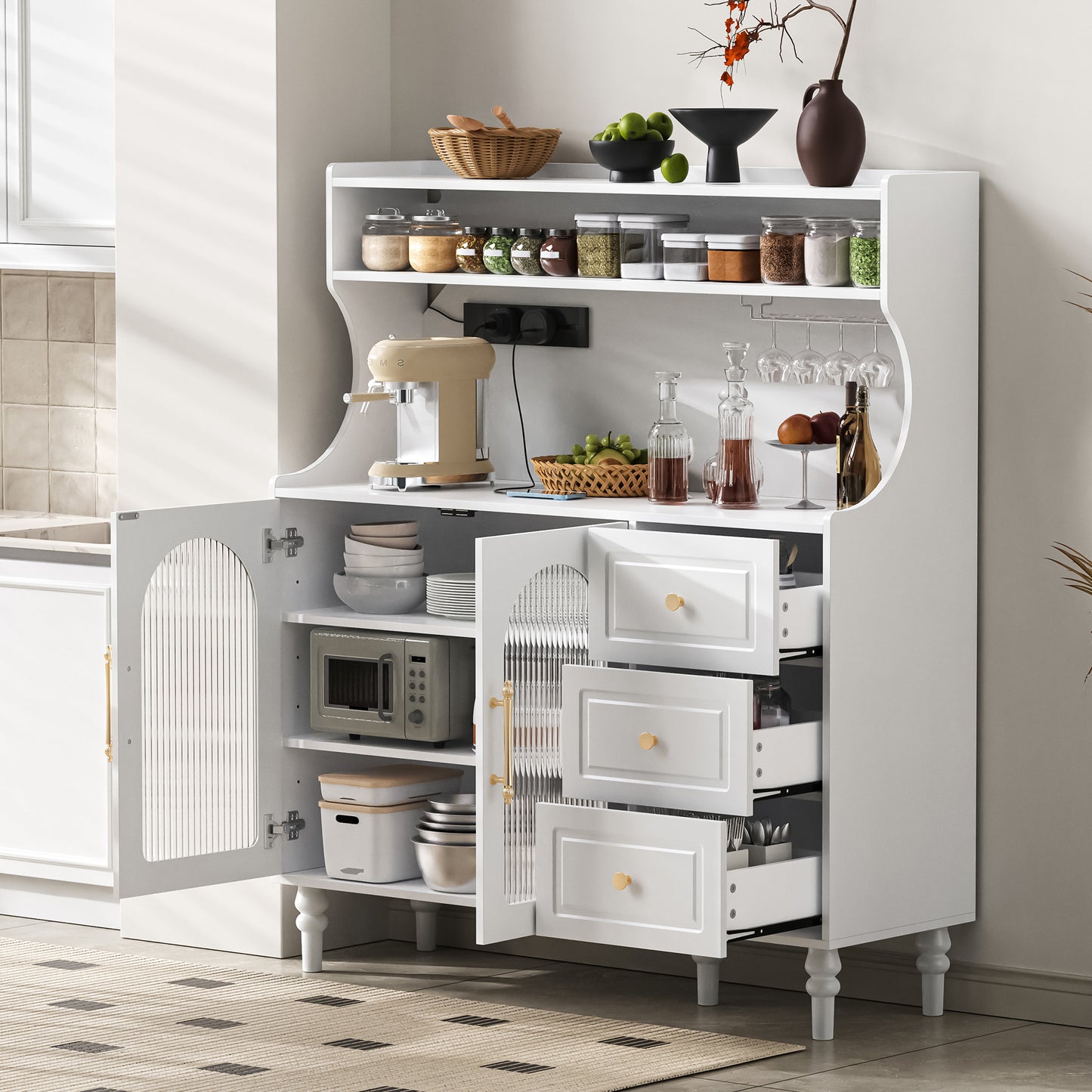 Tall Cabinet With Sockets And Drawers, Bar Cabinet With Wine Glass Holders And Storage Space, Kitchen Buffet Cabinet With Adjustable Layered Shelves, Ideal For Kitchen And Dining Room  White