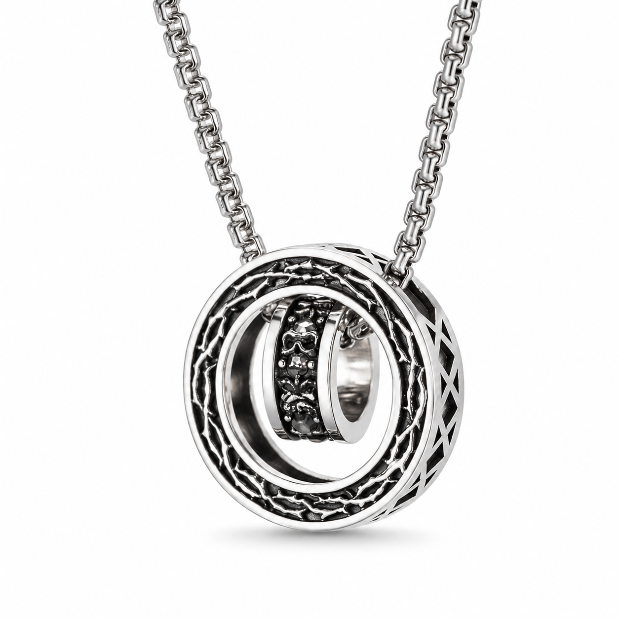Vintage Gothic Thorn Skull Rotatable Double Circle Pendant Necklace For Men, Copper Plated Silver Interlocking Ring With Black Zircon, Punk Biker Jewelry Gift
