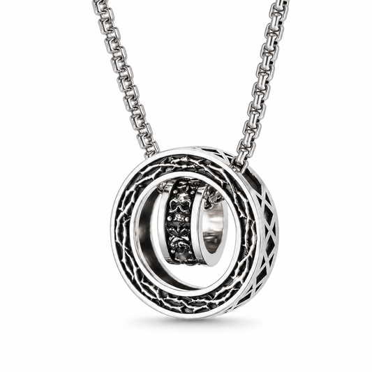 Vintage Gothic Thorn Skull Rotatable Double Circle Pendant Necklace For Men, Copper Plated Silver Interlocking Ring With Black Zircon, Punk Biker Jewelry Gift