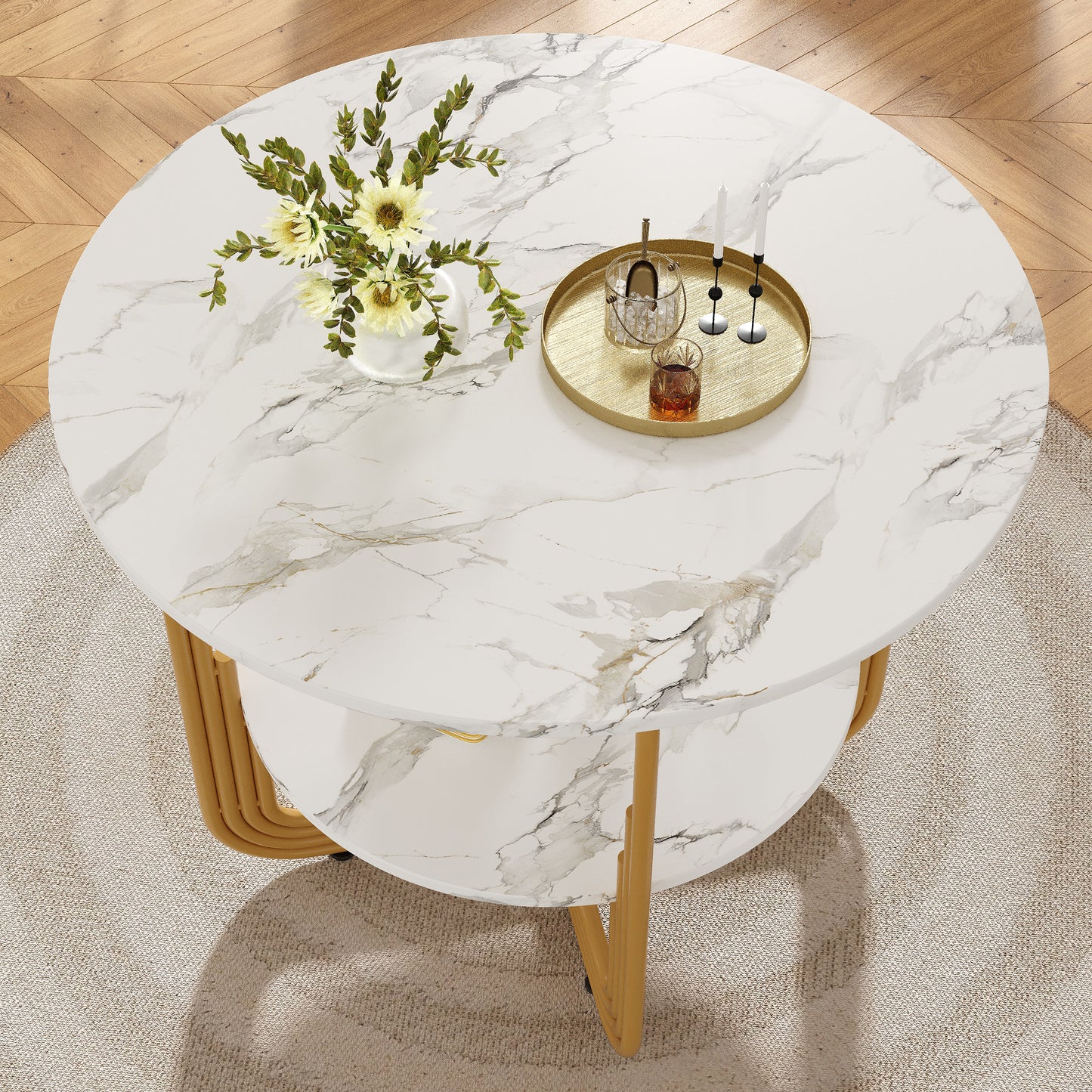 Round Dining Table 80x80x76cm, Kitchen Dining Table, Round Coffee Table For 4 People, Small Round Plate In The Middle For Storage, Suitable For Dining Room, Living Room, MDF Marble Table Top