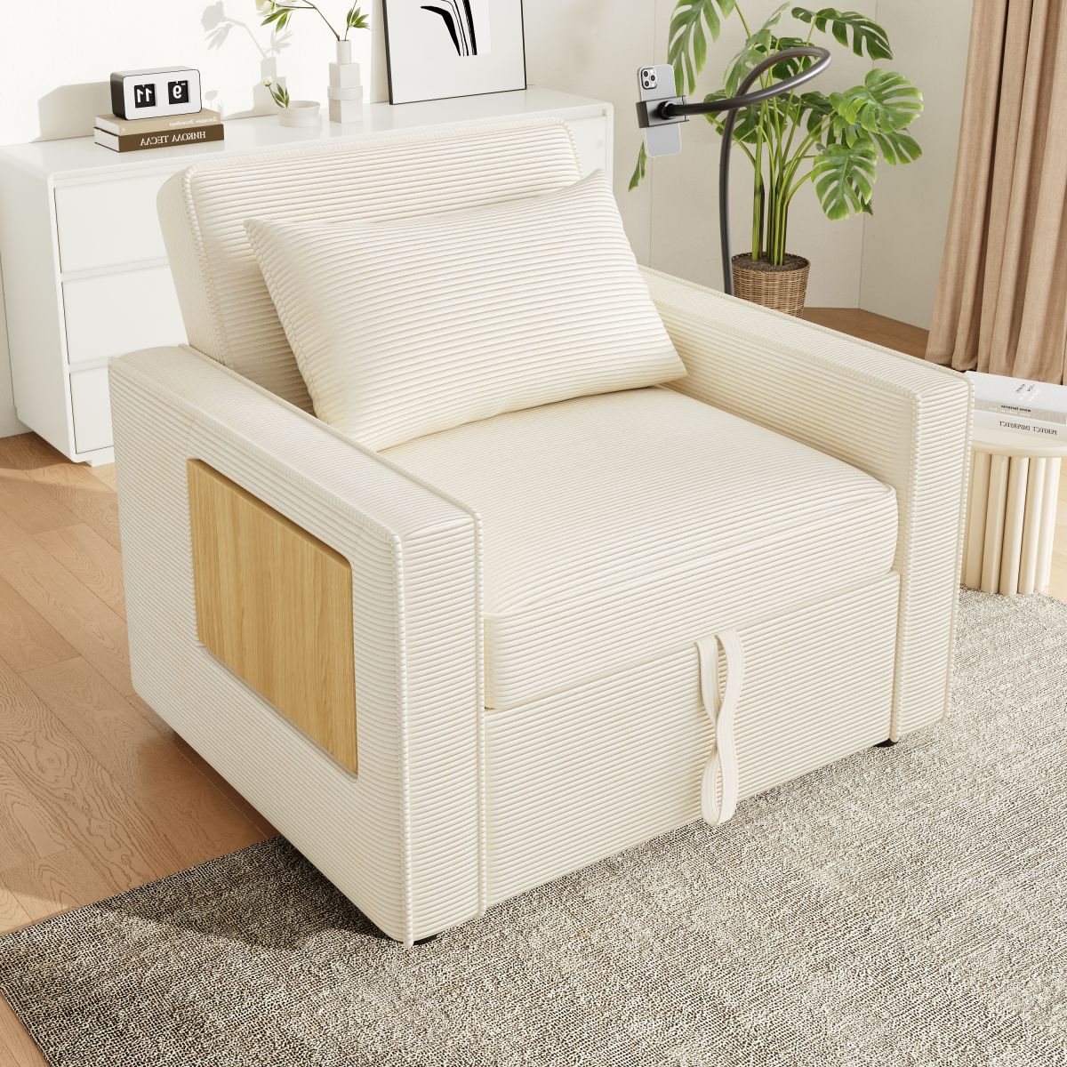 Multifunctional Foldable Sofa Bed With USB Charging Port And Mobile Phone Holder, 1 Seater Recliner Sofa Bed Convertible, Space Saving For Living Room And Bedroom, Corduroy Fabric, Beige