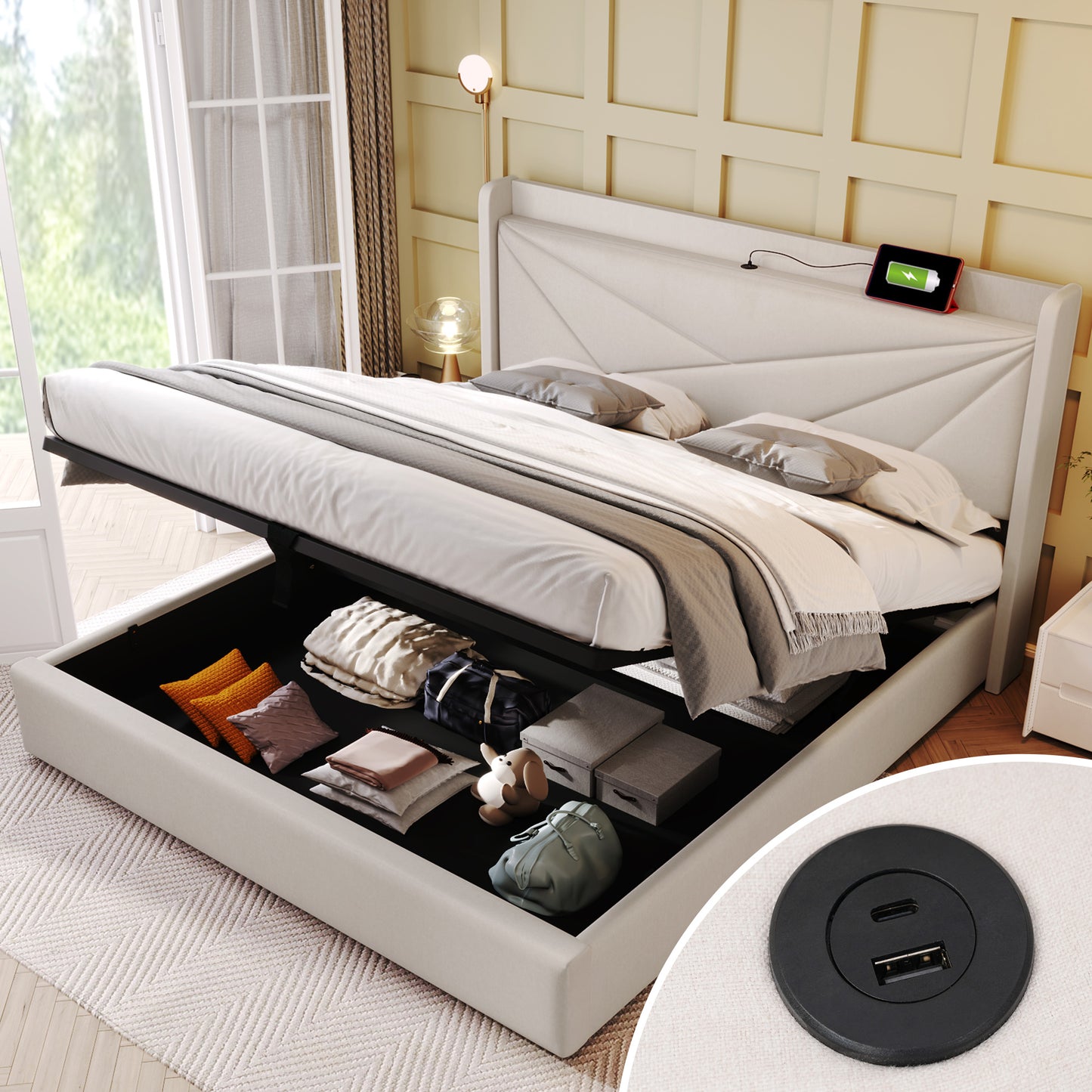 Upholstered Bed Double Bed Storage Bed Box With USB Type C Charging Function Headboard,Storage Beds Bed Frame Made Of Linen Material Youth Bed Bed 160x200 With Slatted Base  Without Mattress