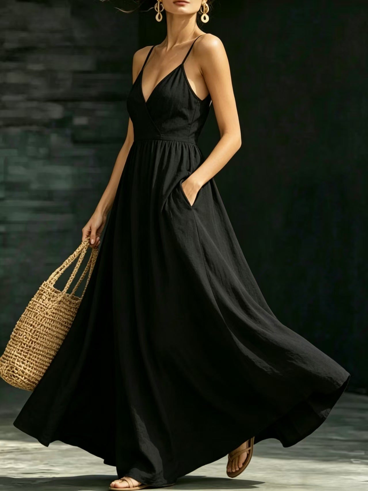 Summer V-Neck Spaghetti Strap Maxi Dress With Pockets - Elegant Vacation & Office Wear For Women
