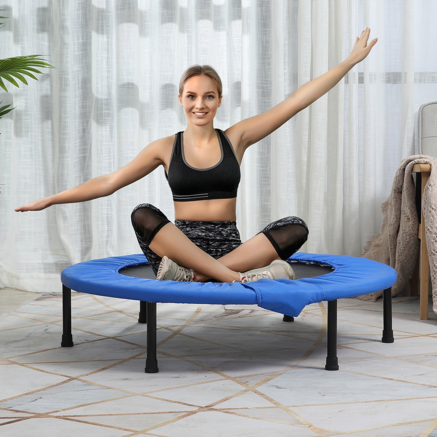 38" Mini Fitness Trampoline Home Gym Yoga Exercise Rebounder Indoor Outdoor Jumper With Safety Pad, Support Up To 150 KG, Blue And Black
