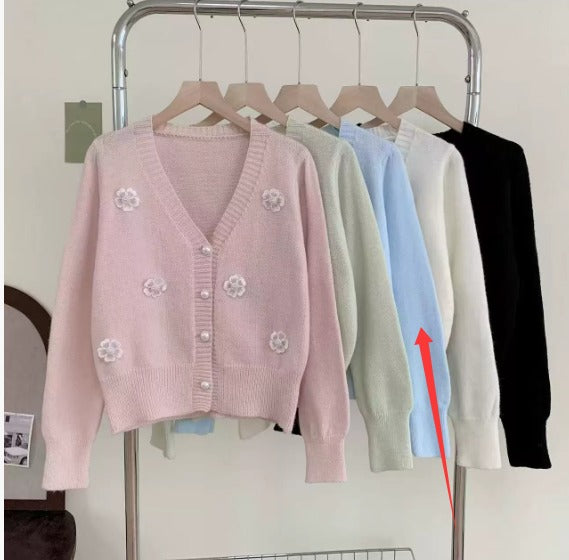 Korean-style 3D Floral Beaded Knit Cardigan For Women Autumn