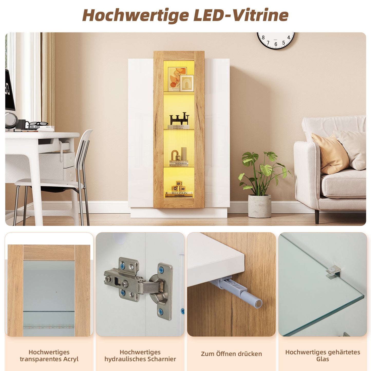 74 X 40 X 120 Cm Living Room Cabinet With 3 Doors, Transparent Doors, High-gloss Display Cabinet With LED Lighting, Bookcase With Glass Shelves And A Drawer, Freestanding Display Cabinet With A Height