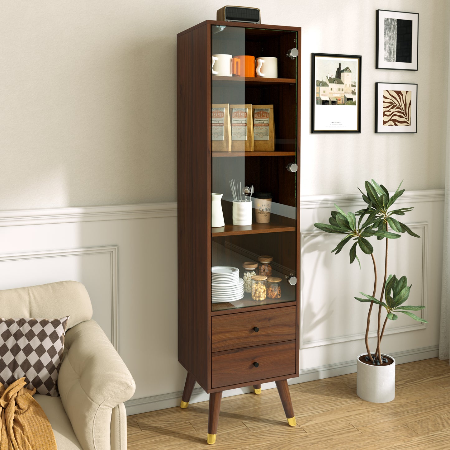 Modern Tall Cabinet With Glass Door, Display Cabinet With Adjustable Shelves And 2 Drawers, Standing Cabinet For Living Room, Bathroom & Office In Walnut Look
