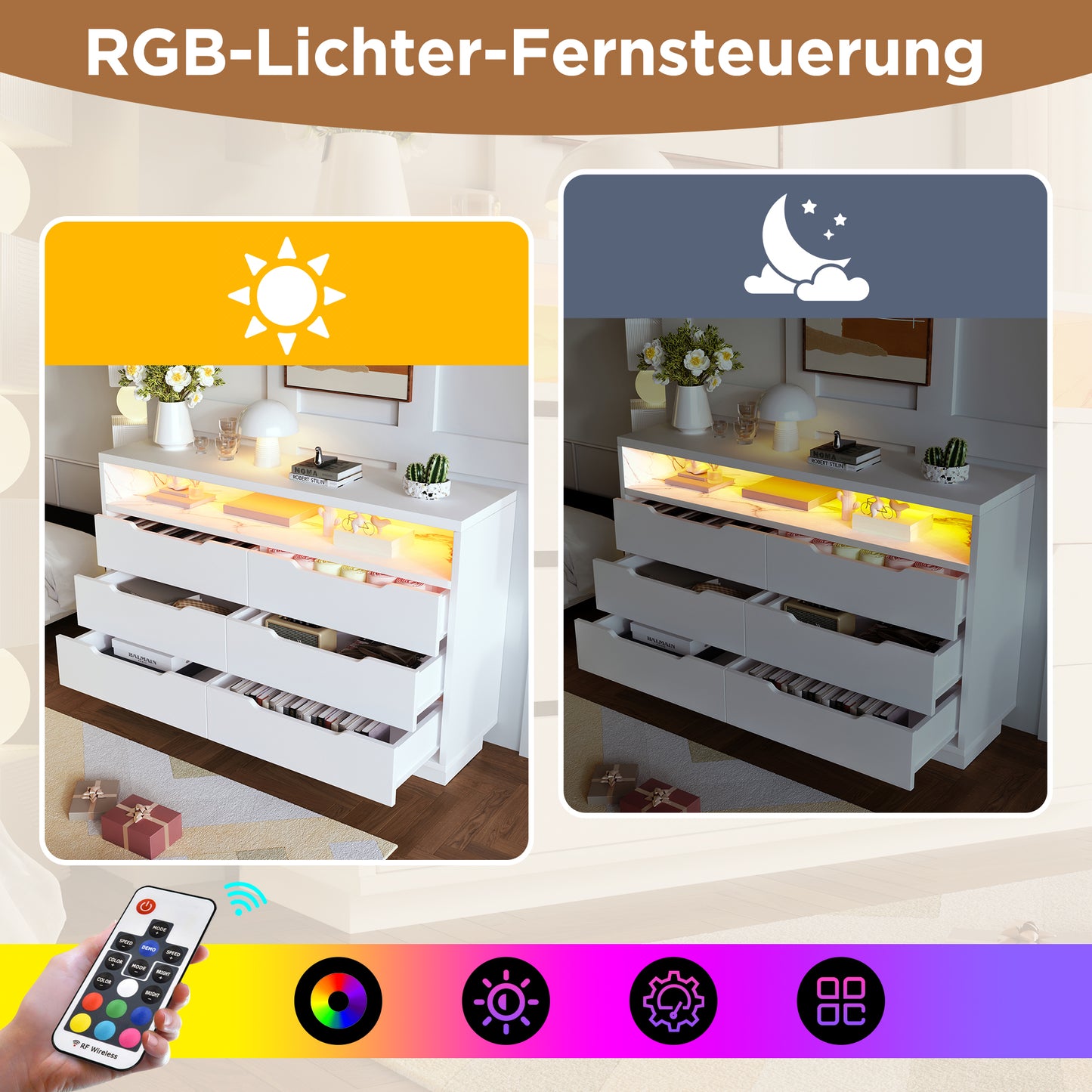 Sideboard, Chest Of Drawers With LED Lighting And 6 Drawers, Storage Compartment With Marble Grain, Modern Wardrobe For Living Room And Bedroom, 120x40x85cm, White