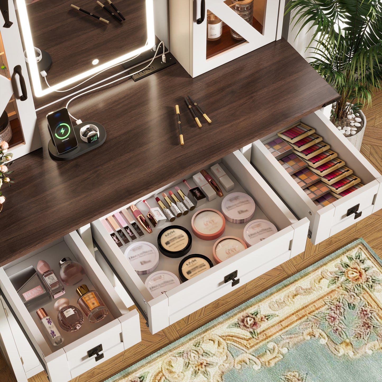 43.3 Farmhouse Makeup Vanity Desk With Lighted Mirror, Vanity Table Set With Storage Stool And Charging Station, Dressing Table With Sliding Barn Door Hidden Shelves & 3 Drawers & 4 Cabinets, Beige
