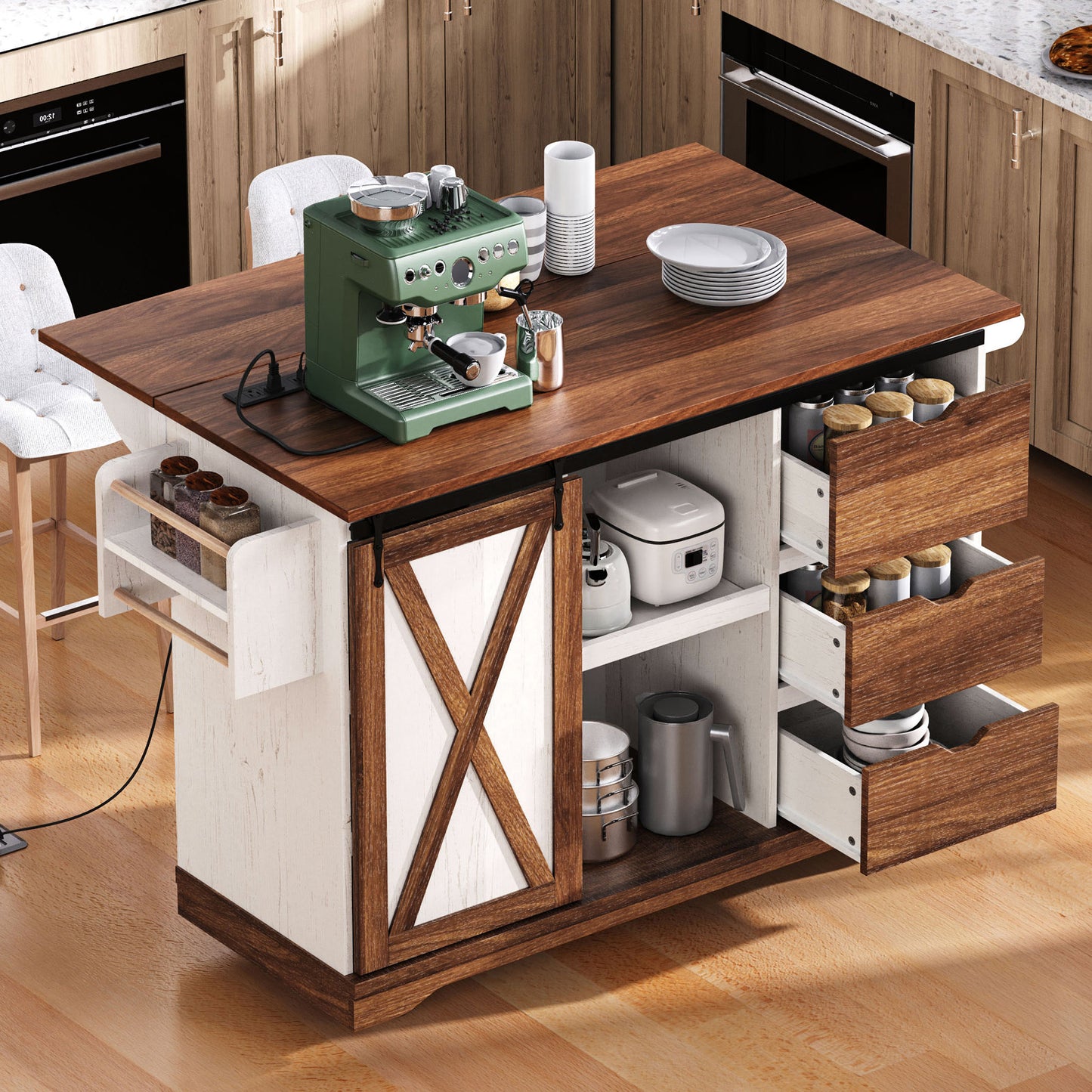 K&K 55.5  Farmhouse Kitchen Island With Drop Leaf, Kitchen Storage Island With Barn Door, Power Outlet, Rolling Kitchen Cart On Wheels With Spice Rack, For Home, Kitchen, Dining Room, White