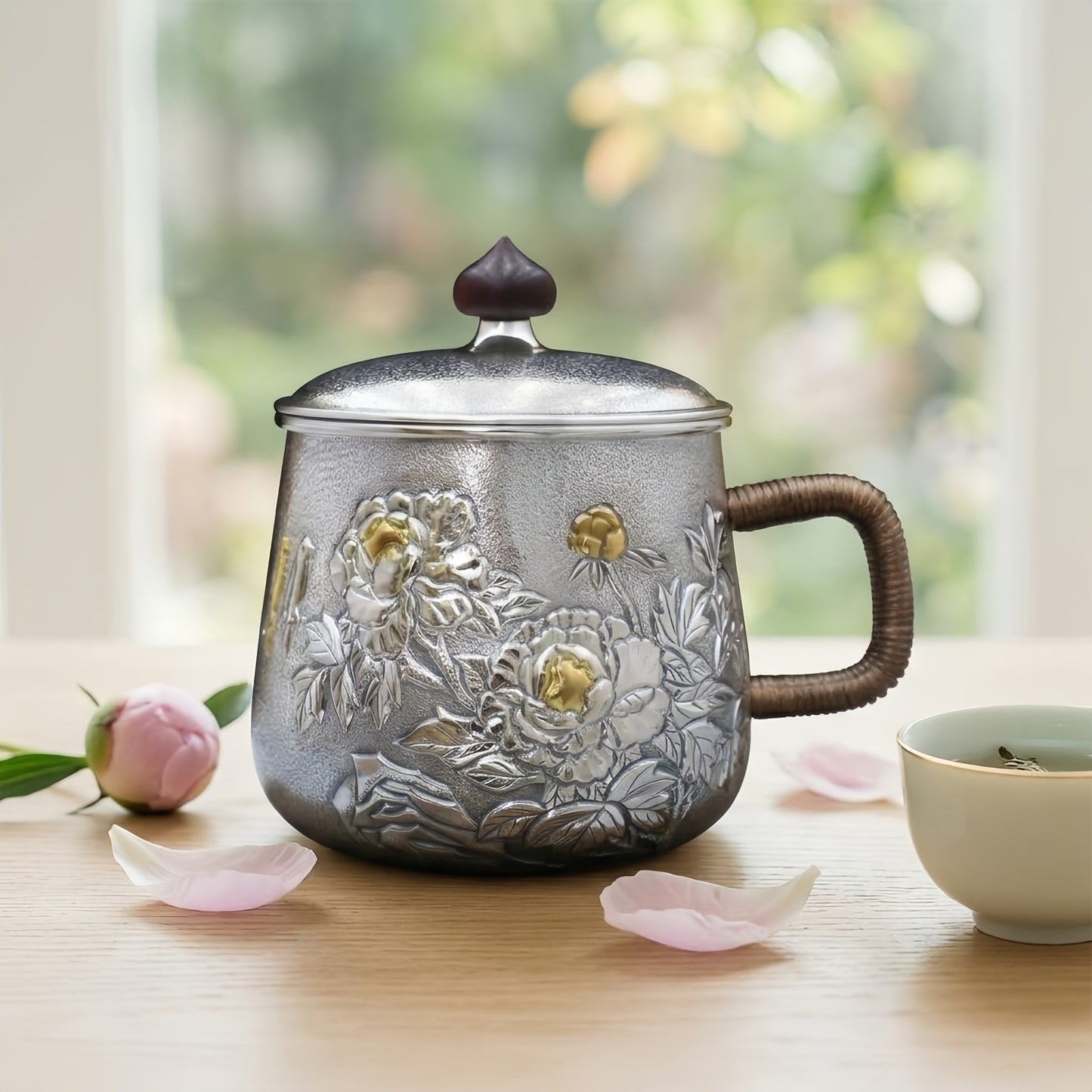 925 Sterling Silver Handcrafted Silver Tea Mug with Ornate Peony Relief and Rattan Handle - Handicraft