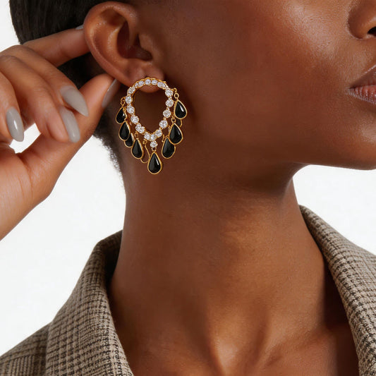 European American Luxury Black CZ Teardrop Dangle Earrings, Vintage Royal Court High-End Ear Jewelry, Exaggerated Shiny Accessories For Evening Formal Dresses