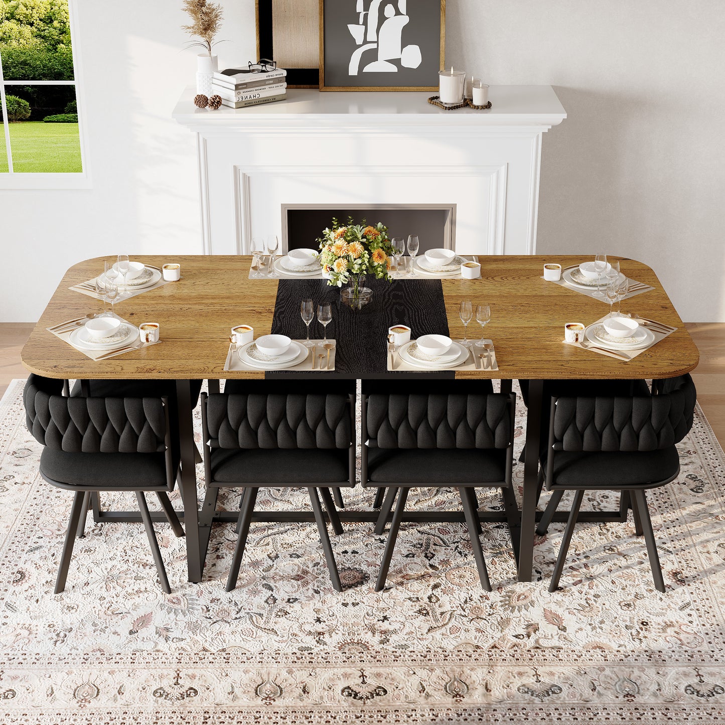 9-Piece Square Dining Table Set, Fixed Two-Tone Wood Grain & Black Wood Grain Triamine Tabletop With 8 Black Velvet Chairs, Modern Kitchen Table Set For 8 People, Ideal For Family Gatherings