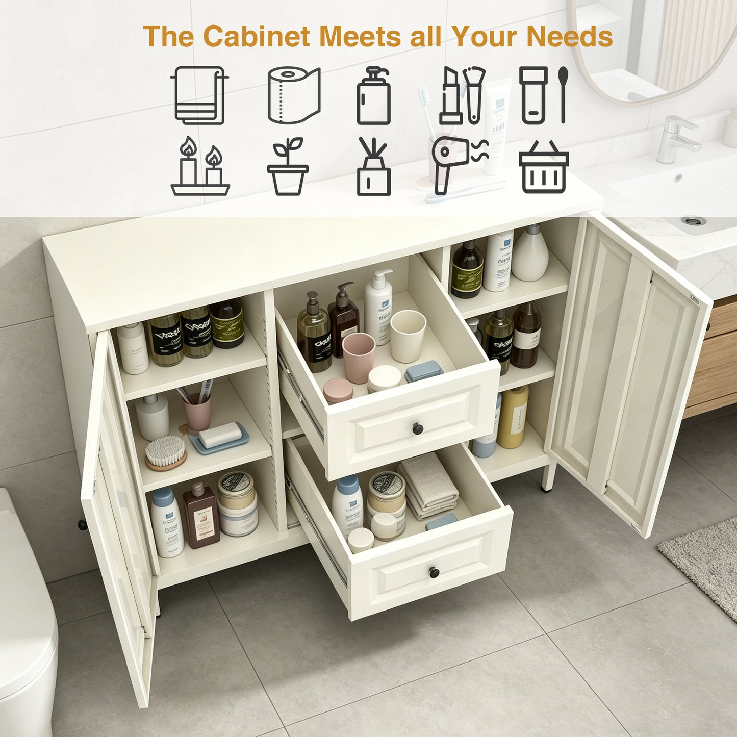 40.16 Storage Sideboard Buffet Cabinet, Freestanding Accent Cabinet With 4 Drawers & 2 Doors, Adjustable Shelves Console Cabinet For Living Room, Kitchen ,Entryway ,Hallway ,Laundry Room Beige