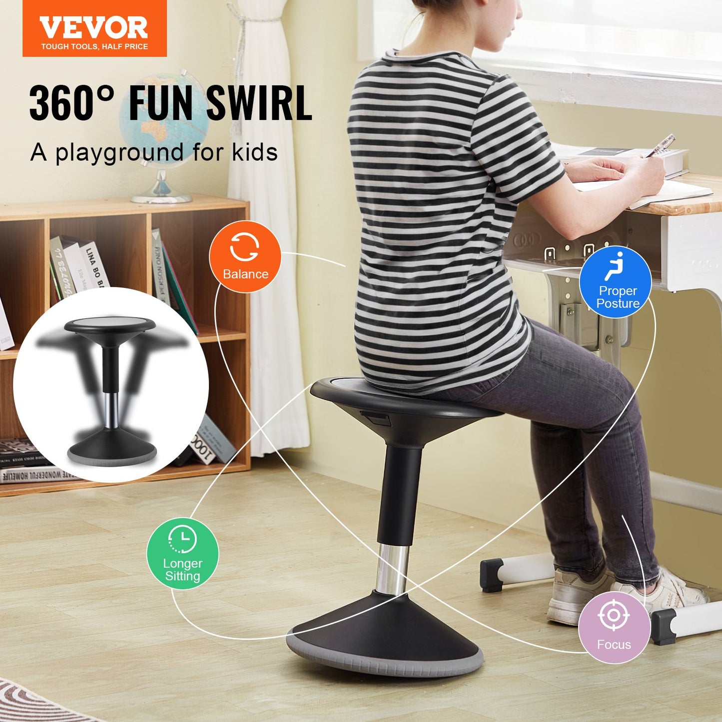 Wobble Chair, Height-Adjustable (15.7-21.7') Active Chair, Flexible Seating Wobble Stool Made Of PVC+ABS Improves Focus & Posture, Ideal For Schools, Office And Home, Age 12-18, Black