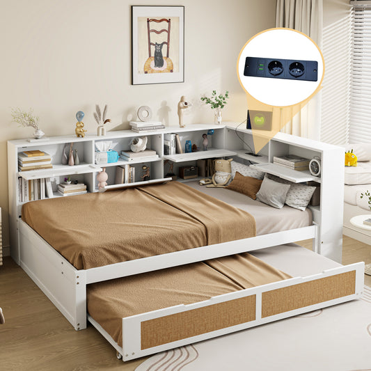 Wooden Sofa Bed 140x200 With Trundle Bed Multifunctional Single Bed Cot With Many Storage Compartments And Charging Port White