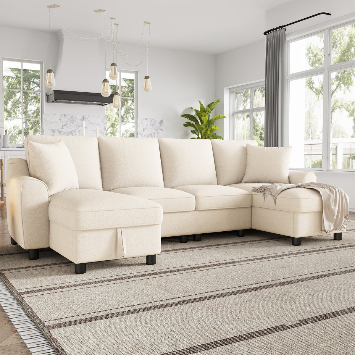Modern Luxury Chenille U-Shaped Sectional Sofa With 2 Storage Chaise Lounges, 2 Square Cushions, Comfy Couch For Living Room, Beige, 272 X 131.5 X 84 Cm