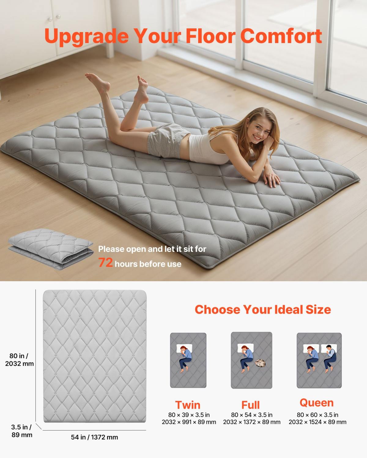Japanese Tatami Mat, Full Size Foldable Japanese Tatami Mattress, Futon Mattress With Storage Bag & Fastener, 9-Layer Floor Mat For Sleeping, Dormitory, Meditation, Yoga, 80 X 54 X 3.5 In, Gray