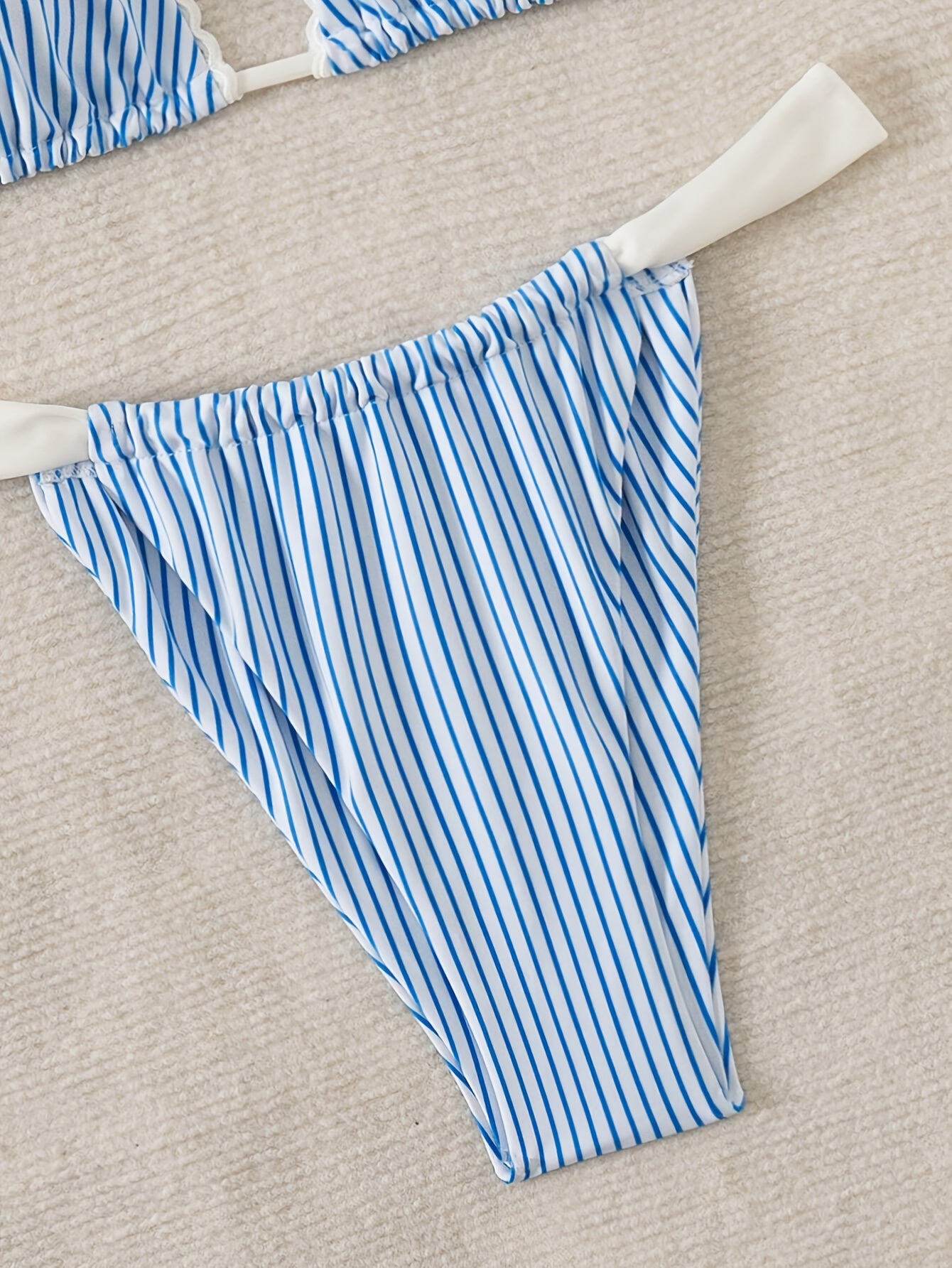 2026 New Blue White Vertical Stripe Color Block Wide Strap Triangle Bikini Set Women Ruffle Ruched High Cut Two Piece Swimsuit For Beach Vacation, Korean Style