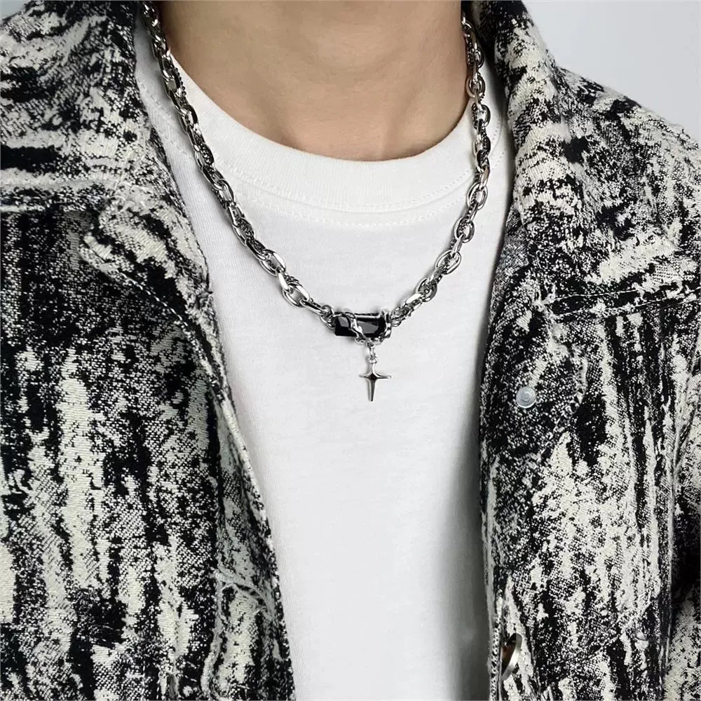 1pcs Mixed Link Chain Black Rectangle Stone Star Cross Pendant Necklace, Dark Cool Aesthetic Style, For Men Women Daily Party Wear & Couple Valentine Gifts