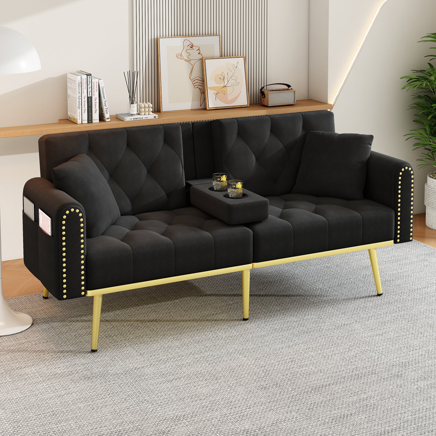 Double Fold Out Sofa Bed With Reclining Function, Three Adjustable Tilt Angles And Cup Holder. Suitable For Living Room, Bedroom, Home Theater Or Guest Room. Fabric Cover. Black