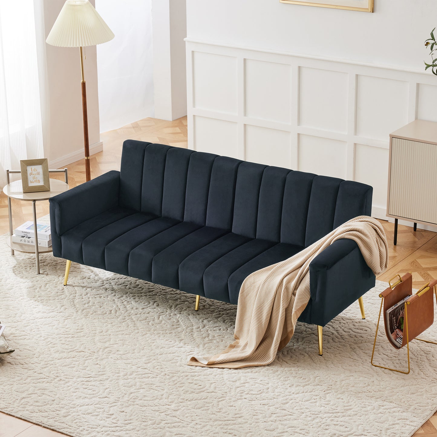 Modern Adjustable Velvet Sofa Bed With Multi Position Backrest & Armrests, Metal Legs, Convertible Sleeper Function, Ideal For Living Room, Bedroom, Home Theater & Guest Room, Black, Video Included