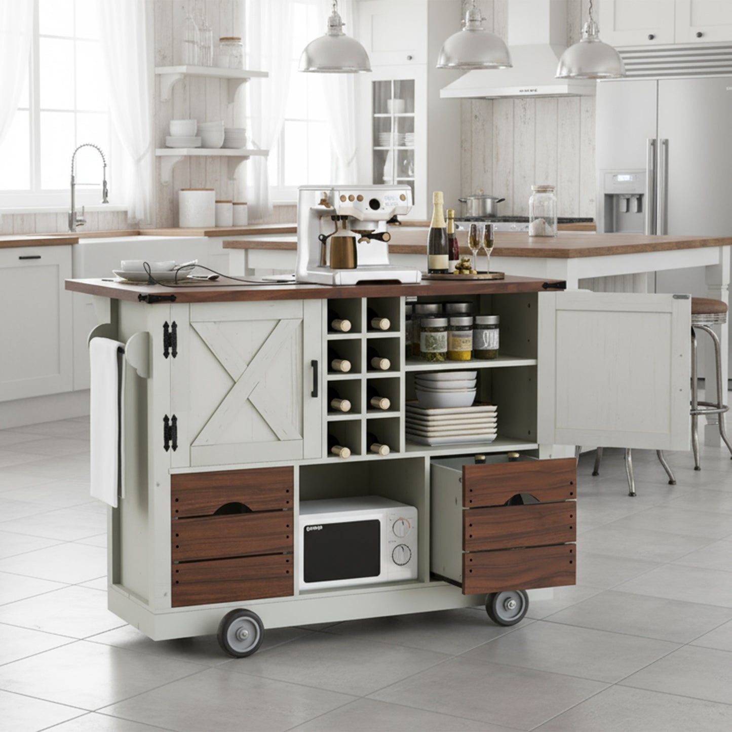 K&K 54  Farmhouse Kitchen Island With Drop Leaf, Power Outlet, Kitchen Storage Cart With 2 Doors, 2 Drawers, Rolling Kitchen Island On 4 Large Wheels With Spice Rack For Kitchen, Dining Room, White