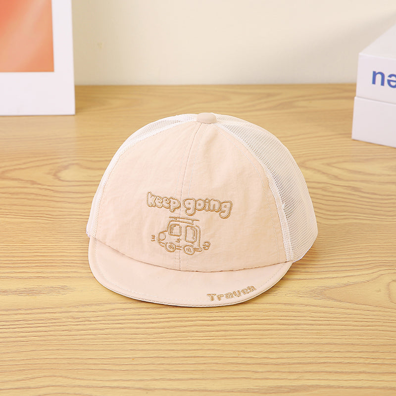 Children's Single-color Cartoon Car Embroidered And Pieced Together Net Fabric Breathable And Cool Fashion Short-brimmed Baseball Cap For Outdoor Travel