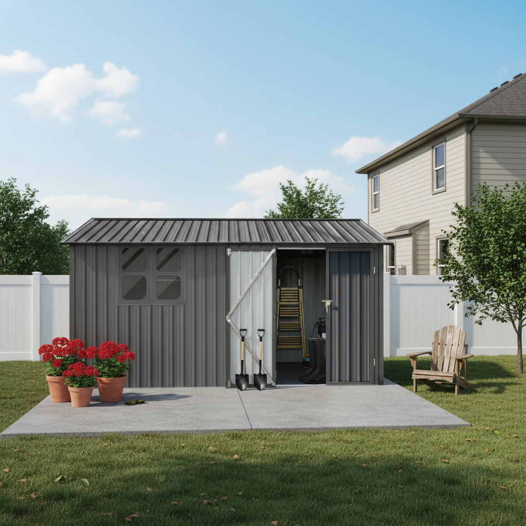 12x10 Ft Metal Garden Sheds Outdoor Storage Sheds Grey With Window With Goods Shelves