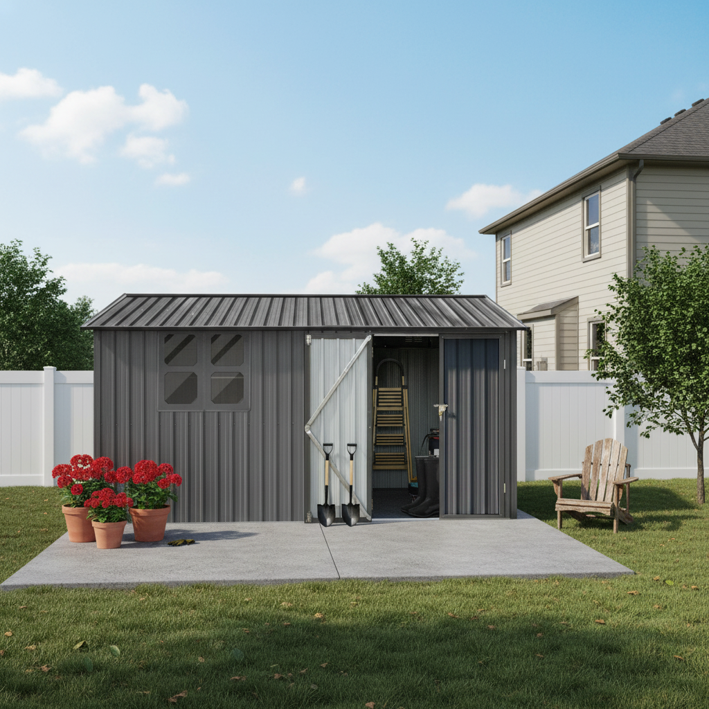 12x10 Ft Metal Garden Sheds Outdoor Storage Sheds Grey With Window With Goods Shelves
