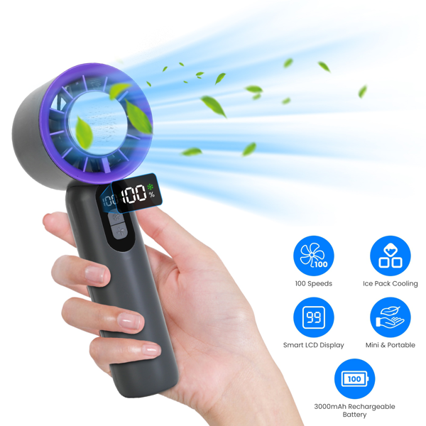 Speed Handheld Cooling Fan With Superconducting Ice Pack, 3000mAh Rechargeable Portable Mini Air Cooler With LCD Display For Summer Outdoor Travel